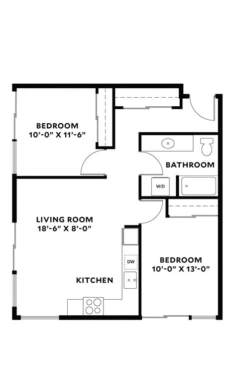 Floor plan for 2 beds, 1 bath, 831 sqft